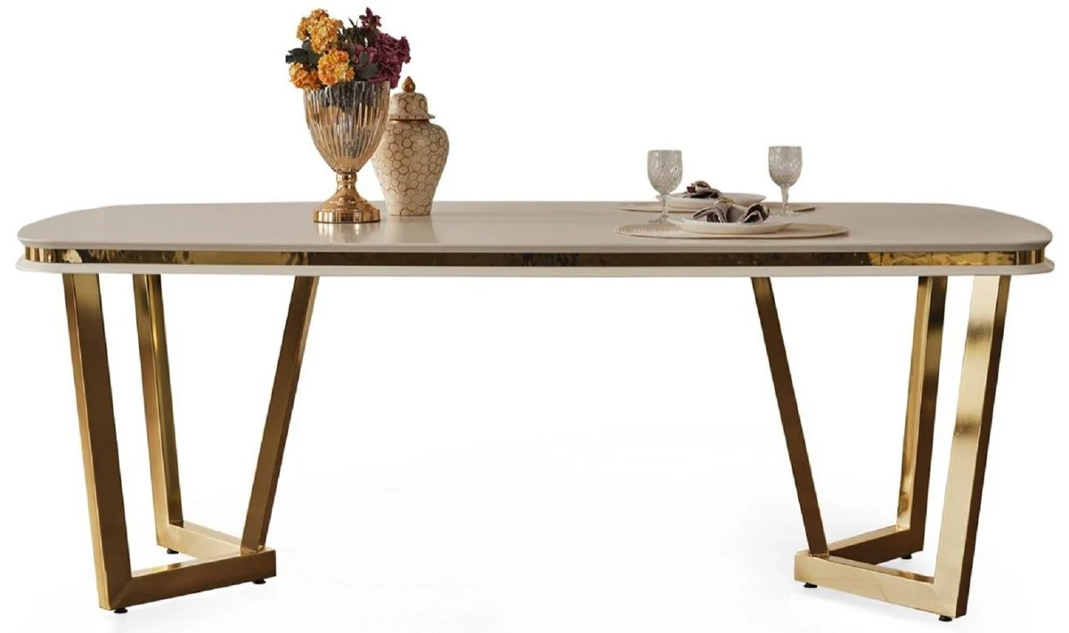 Luxus Esstisch Weiß / Gold 207 x 104 x H. 78 cm - Rechteckiger Küchentisch - Luxus Esszimmer Möbel