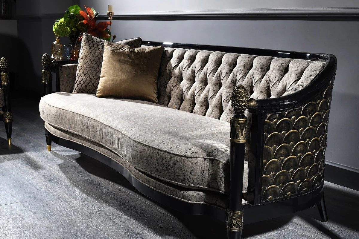 Luxus Barock Chesterfield Sofa Silbergrau / Schwarz / Gold 231 x 94 x H. 83 cm - Barock Wohnzimmermöbel