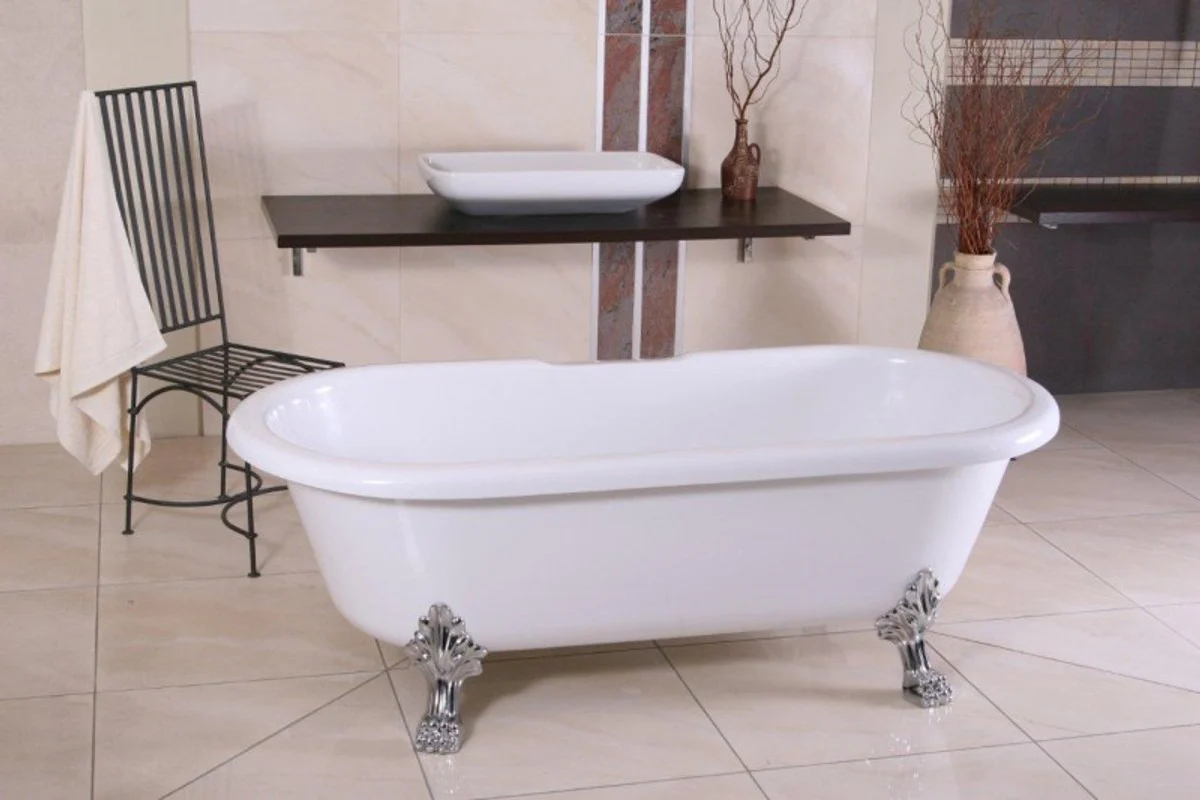 Freistehende Luxus Badewanne Jugendstil Milano Weiß/Silber - Barock Badezimmer