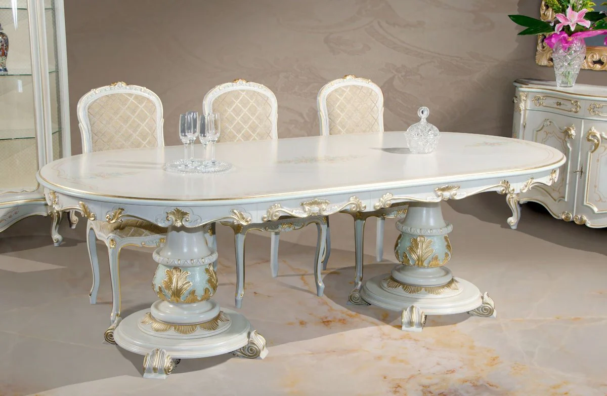 Luxus Barock Esstisch Weiß / Cremefarben / Mehrfarbig / Gold - Ovaler Massivholz Esszimmertisch im Barockstil - Barock Esszimmer Möbel - Luxus Qualität - Made in Italy
