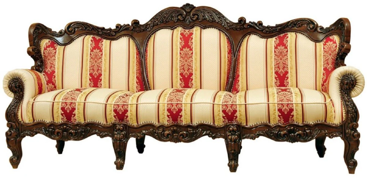 Luxus Barock Sofa mit Streifen Creme / Gelb / Rot / Dunkelbraun - Gestreiftes Wohnzimmer Sofa im Barockstil - Barock Wohnzimmer Möbel - Edel & Prunkvoll