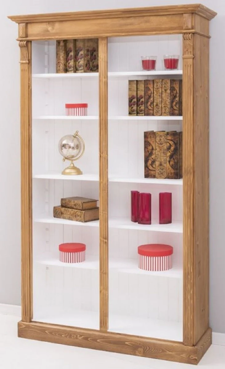 Landhausstil Bücherschrank Braun / Weiß 120 x 39 x H. 197 cm - Massivholz Schrank - Regalschrank - Wohnzimmerschrank - Büroschrank - Landhausstil Möbel