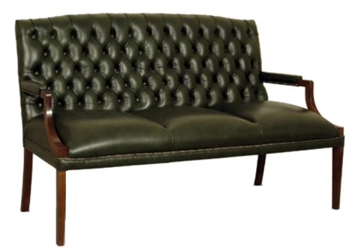 Chesterfield 3er Sitzbank mit Armlehnen Dunkelgrün / Dunkelbraun 180 x 60 x H. 100 cm - Echtleder Möbel