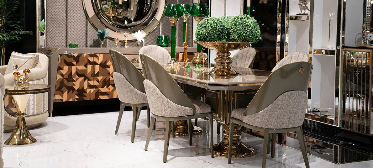 Luxus Esstisch Grau / Braun / Gold - Rechteckiger Luxus Küchentisch - Esszimmer Möbel - Luxus Möbel