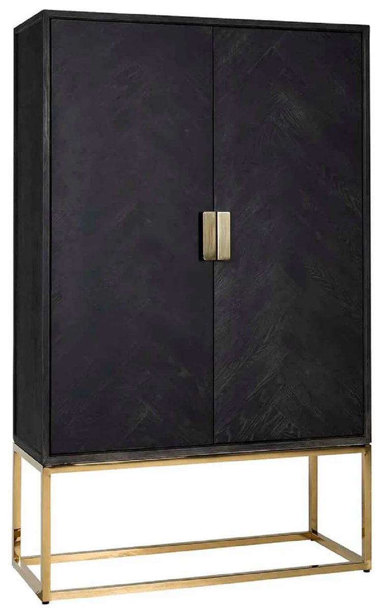Luxus Barschrank Schwarz / Gold 108 x 45 x H. 175 cm - Massivholz Schrank mit 2 Türen - Wohnzimmer Möbel - Bar Möbel - Hotel Möbel - Luxus Kollektion