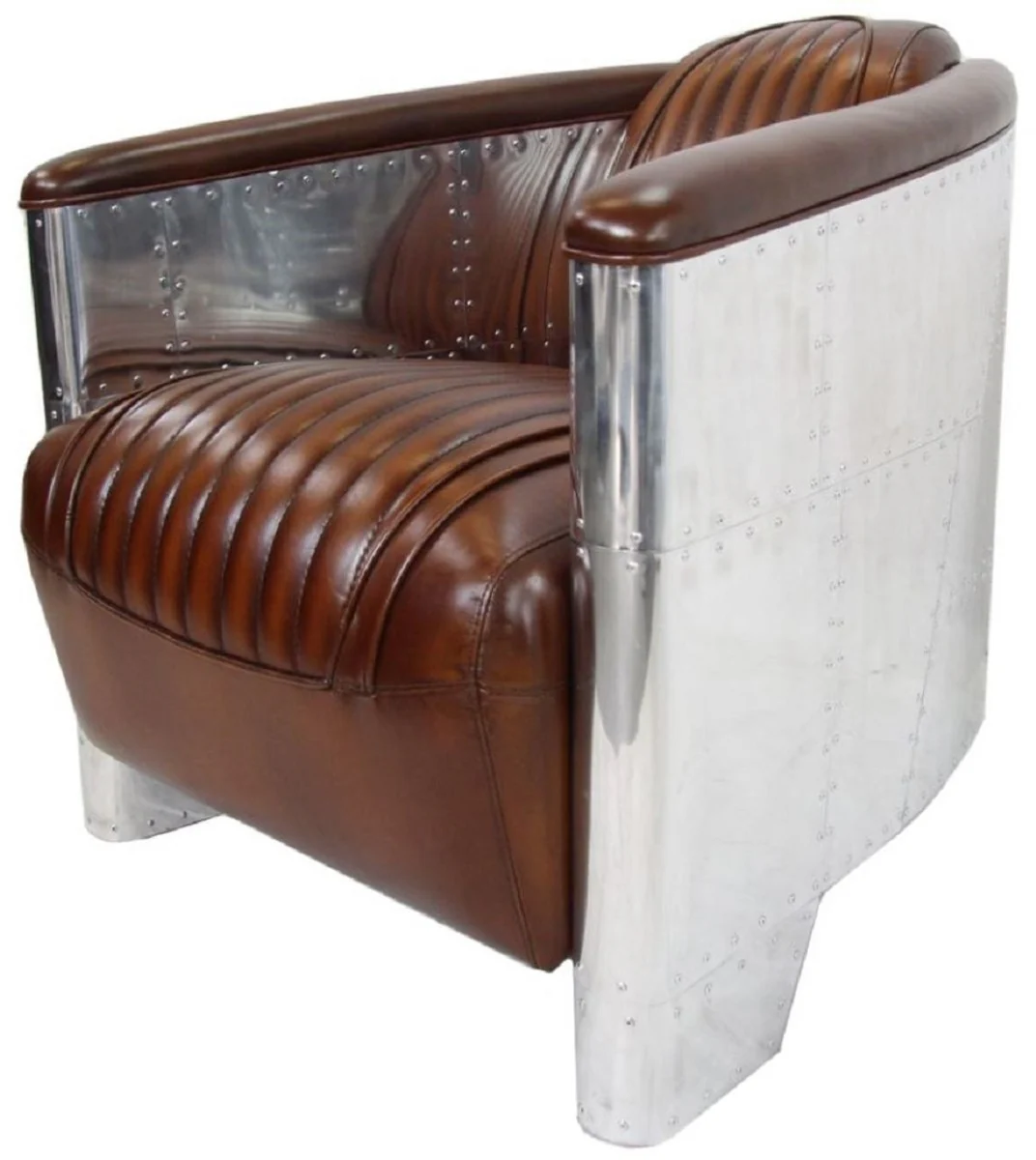 Luxus Art Deco Echtleder Sessel Dunkelbraun / Silber 90 x 72 x H. 68 cm - Aluminium Sessel mit hochwertigem Leder - Lounge Sessel - Aluminium Flugzeug Flieger Sessel Möbel