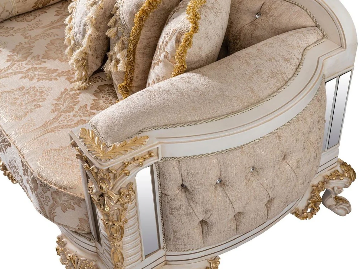 Luxus Barock Sofa Beige / Weiß / Gold - Prunkvolles Wohnzimmer Sofa mit Glitzersteinen - Barockstil Wohnzimmer Möbel - Luxus Möbel im Barockstil - Barock Einrichtung - Edel & Prunkvoll