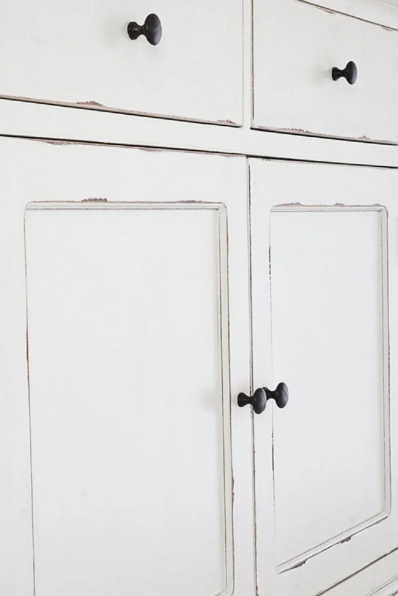 Landhausstil Schrank Antik Weiß 111,4 x 42,5 x H. 203 cm - Landhausstil Esszimmerschrank mit 4 Türen und 2 Schubladen - Landhausstil Vitrine - Landhausstil Esszimmer Möbel