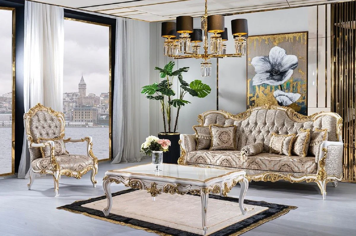 Luxus Barock Couchtisch Weiß / Beige / Gold - Prunkvoller Wohnzimmertisch im Barockstil - Barockstil Wohnzimmer Möbel - Barock Möbel - Barock Einrichtung - Luxus Möbel im Barockstil