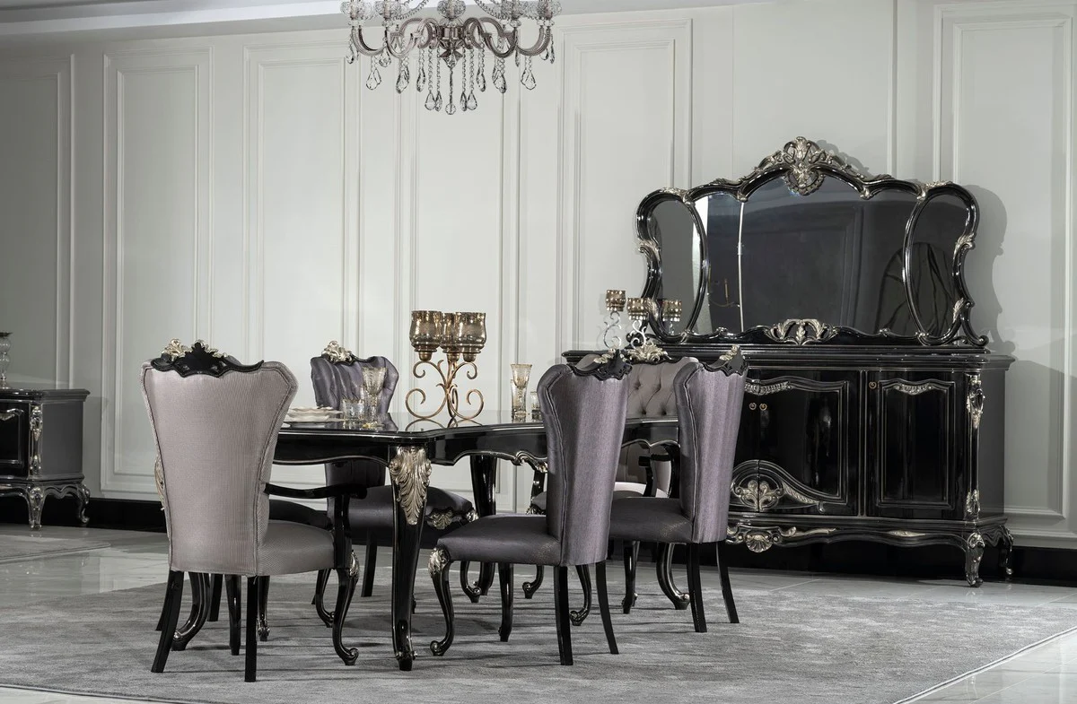 Luxus Barock Esszimmer Stuhl 6er Set mit Armlehnen Silber / Schwarz / Silber - Prunkvolle Barockstil Küchen Stühle - Luxus Barock Esszimmer Möbel - Edel & Prunkvoll