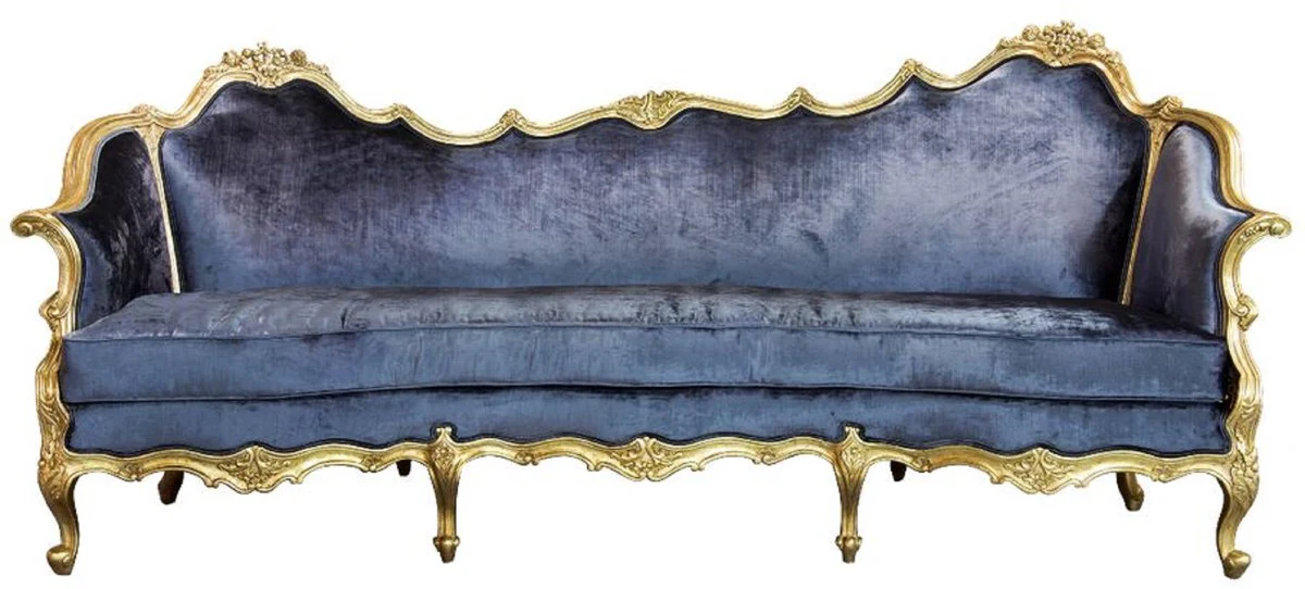 Luxus Barock Samt Sofa Blau / Gold - Edles Handgefertigtes Wohnzimmer Sofa im Barockstil - Barock Wohnzimmer Möbel - Edel & Prunkvoll