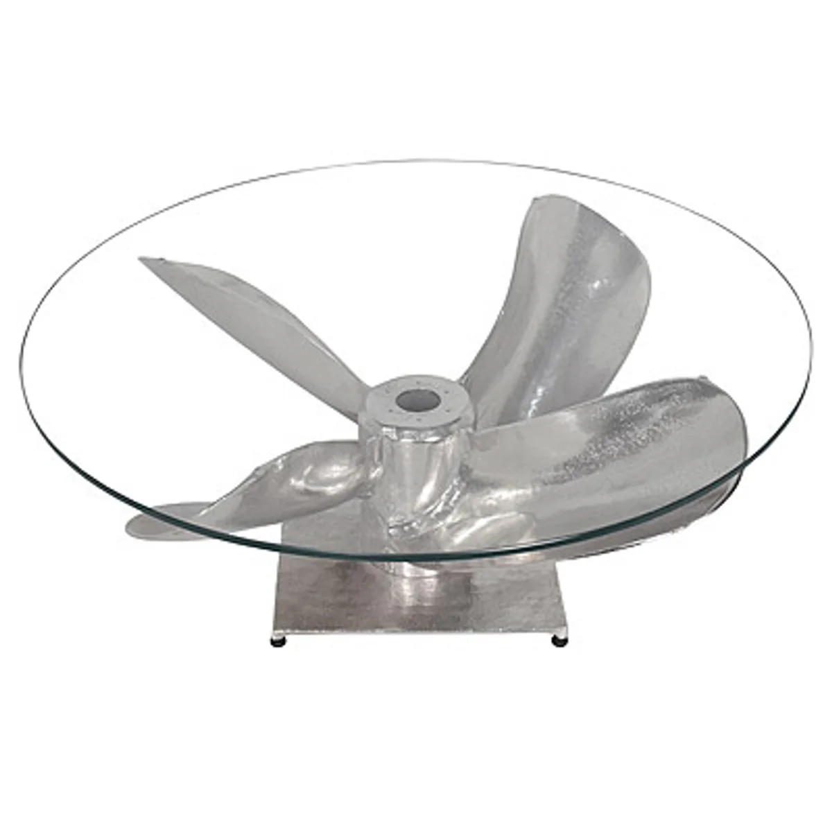 Art Deco Designer Flieger Couchtisch Propeller Aluminium mit Glasplatte 89 x 65 x H 33 cm- Vintage Look