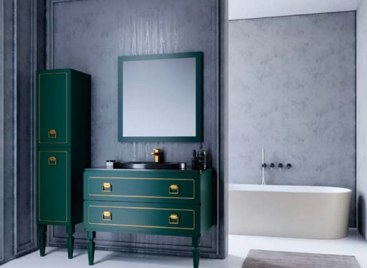 Luxus Barock Badezimmer Set Grün / Schwarz / Gold - 1 Barock Waschtisch mit ovalem Keramik Waschbecken & 1 Barock LED Wandspiegel & 1 Barock Regalschrank - Barock Badezimmer Möbel