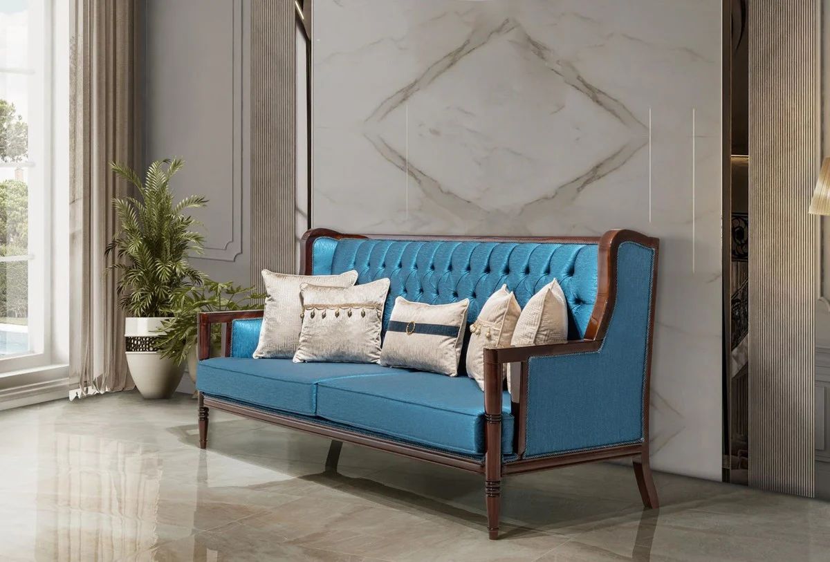 Luxus Barock Sofa Blau / Dunkelbraun 230 cm