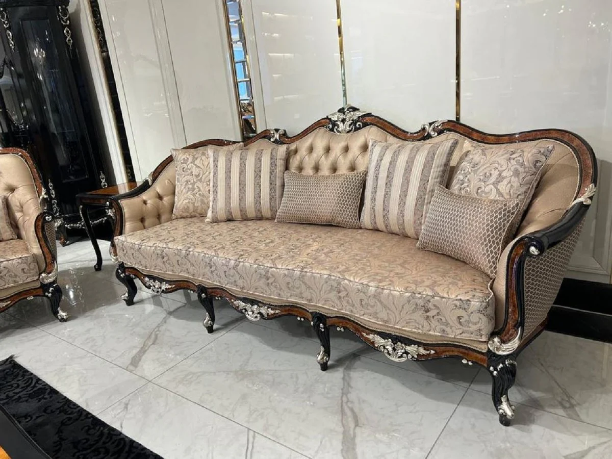 Luxus Barock Wohnzimmer Sofa Gold / Braun / Schwarz / Silber - Prunkvolles Barockstil Sofa mit dekorativen Kissen - Luxus Wohnzimmer Möbel im Barockstil - Barock Möbel