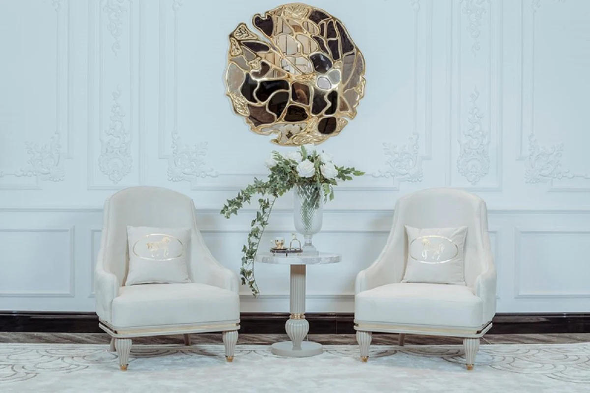 Luxus Art Deco Beistelltisch Grau / Weiß / Gold Ø 50 x H. 58 cm - Prunkvoller Tisch mit Kunstmarmor Tischplatte - Art Deco Wohnzimmer Möbel - Luxus Kollektion