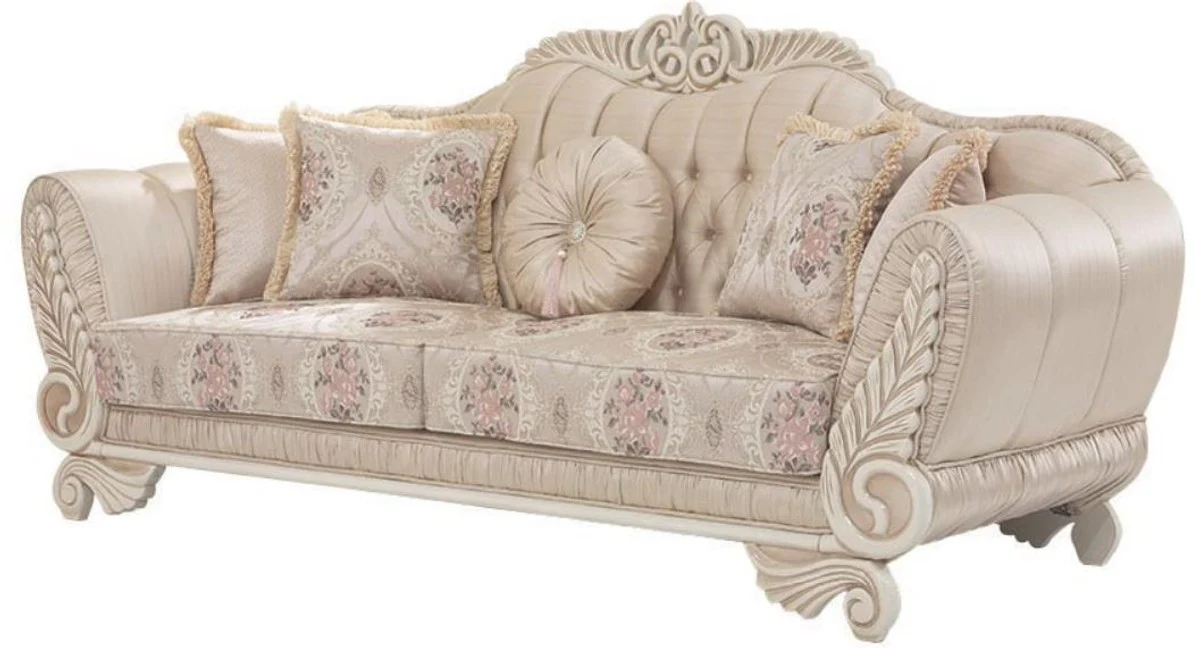 Luxus Barock Sofa Beige / Creme / Rosa 227 x 87 x H. 107 cm - Wohnzimmer Sofa mit dekorativen Kissen - Wohnzimmermöbel im Barockstil