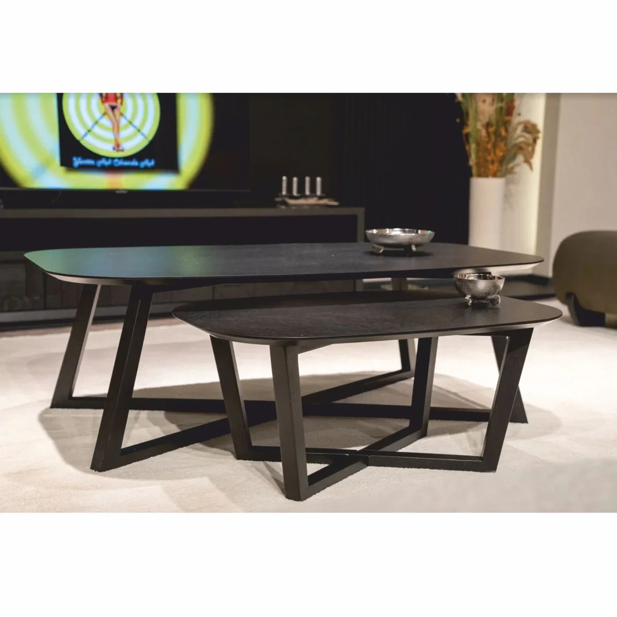 Luxus Massivholz Couchtisch Set Schwarz - Hotel & Wohnzimmer Möbel