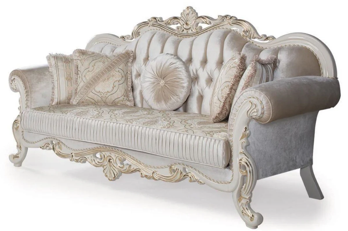 Luxus Barock Sofa Mehrfarbig / Weiß / Gold 227 x 90 x H. 118 cm - Wohnzimmer Sofa mit dekorativen Kissen - Wohnzimmermöbel im Barockstil