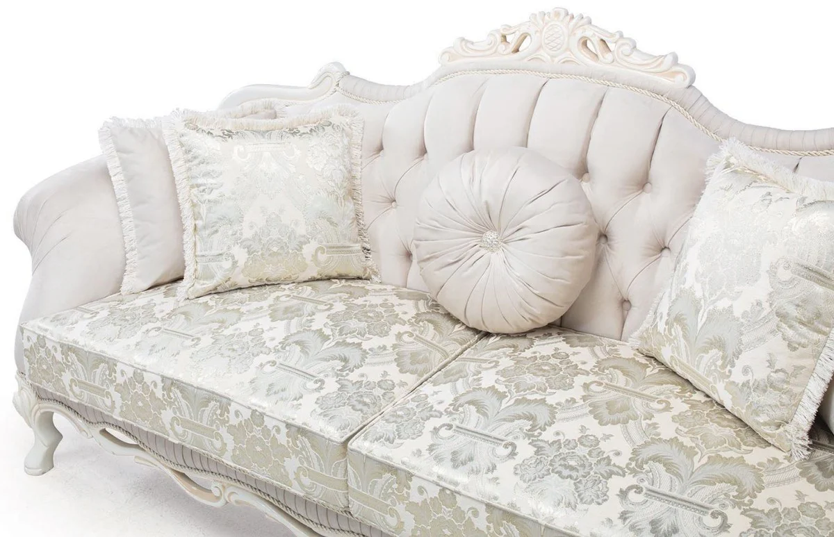 Luxus Barock Wohnzimmer Sofa mit dekorativen Kissen Hellrosa / Weiß / Beige 230 x 90 x H. 110 cm - Barock Möbel
