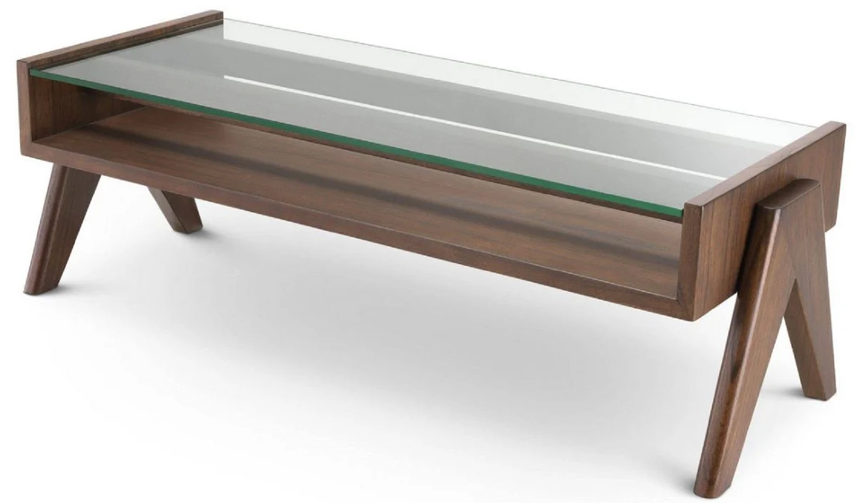 Luxus Couchtisch Braun 120 x 46 x H. 39,5 cm - Rechteckiger Massivholz Wohnzimmertisch mit Glasplatte - Luxus Wohnzimmer Möbel