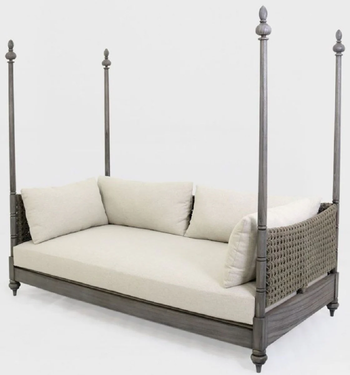 Luxus Schlafsofa Grau / Cremefarben 219 x 110 x H. 200 cm - Elegantes Massivholz Sofa - Wohnzimmer Möbel - Luxus Qualität