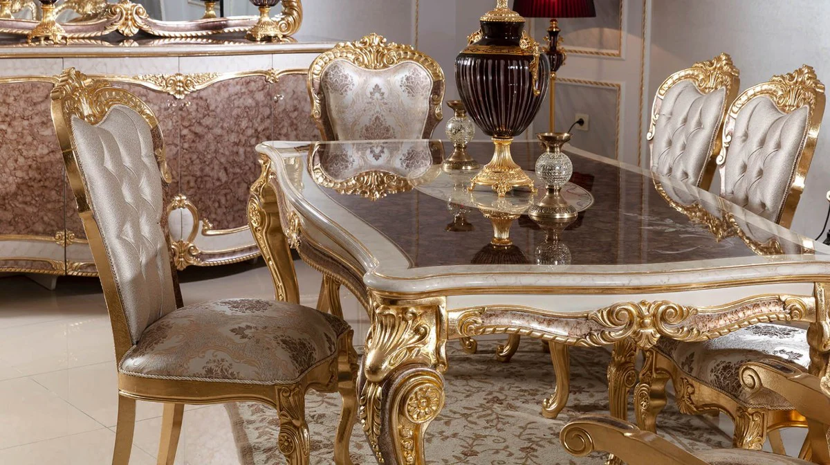 Luxus Barock Esszimmer Set Weiß / Silber / Braun / Gold - 1 Barock Esstisch & 6 Barock Esszimmerstühle - Barock Esszimmer Möbel - Edel & Prunkvoll