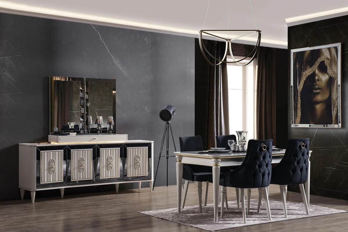 Luxus Art Deco Esszimmer Set Dunkelblau / Weiß / Gold - 1 ausziehbarer Esszimmertisch & 6 Esszimmerstühle - Art Deco Esszimmer Möbel - Luxus Qualität