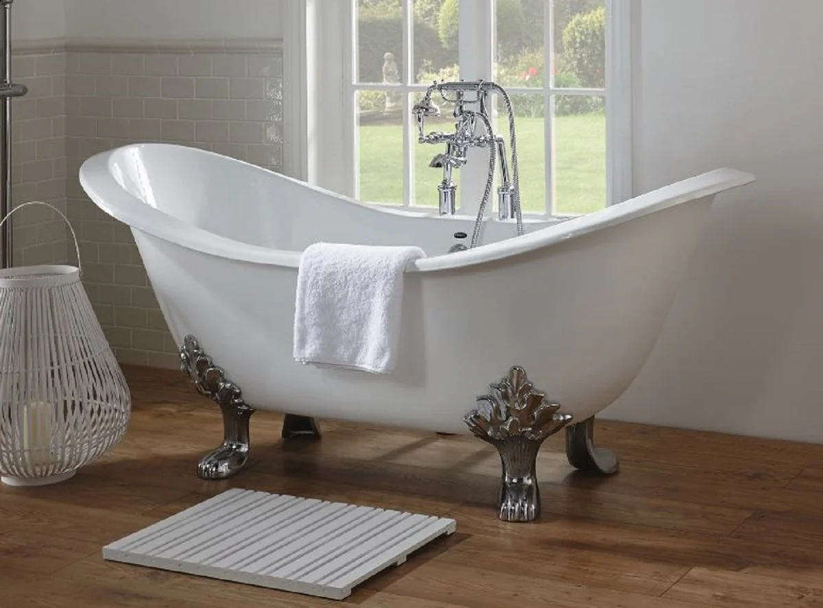 Luxus Jugendstil Badewanne Weiß / Silber 180 x 77 x H. 79 cm - Gebogene freistehende Acryl Badewanne mit Löwenfüßen - Jugendstil Badezimmermöbel