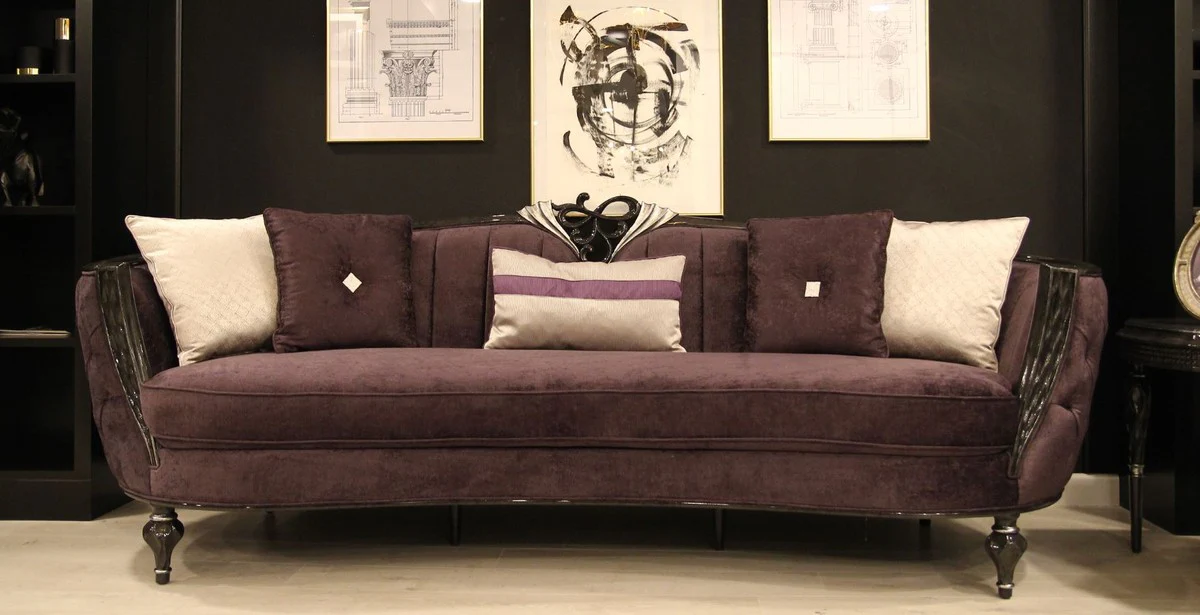 Luxus Barock Sofa Lila / Schwarz / Silber 267 x 90 x H. 100 cm - Wohnzimmer Sofa mit edlem Samtstoff - Barock Möbel