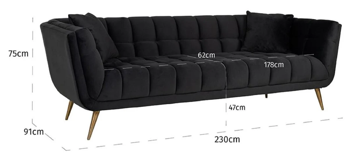 Luxus Samt Sofa Anthrazit / Gold 230 x 91 x H. 75 cm - Wohnzimmer Sofa - Wohnzimmer Möbel - Luxus Möbel - Wohnzimmer Einrichtung - Luxus Einrichtung - Luxus Qualität