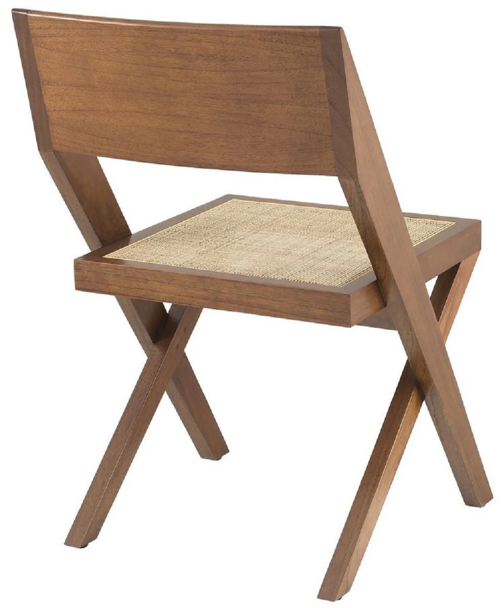 Luxus Esszimmerstuhl Braun / Naturfarben 53 x 56 x H. 85 cm - Massivholz Stuhl mit Rattangeflecht - Luxus Esszimmer Möbel