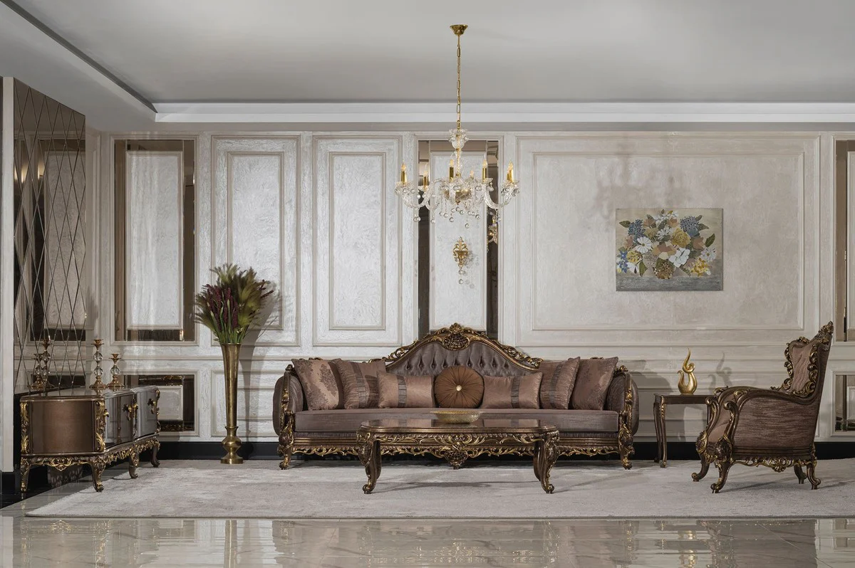 Luxus Barock Couchtisch Grau / Braun / Gold - Handgefertigter Massivholz Wohnzimmertisch im Barockstil - Wohnzimmer Möbel im Barockstil - Barock Möbel - Edel & Prunkvoll