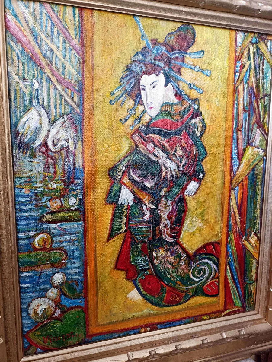 Vintage Öl Gemälde nach Vincent van Gogh Cortesan Japanese Woman 83.5 x 73.5 cm - Authentisches Antik Gemälde nach Original - Handgemalt