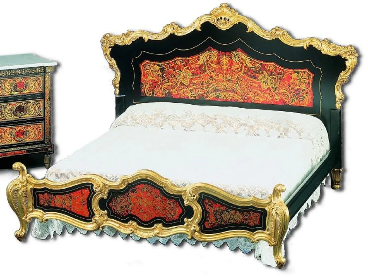 Luxus Barock Boulle Doppelbett Schwarz / Rot / Gold 225 x 230 x H. 150 cm - Prunkvolles Massivholz Bett mit Kopfteil - Edle Barock Schlafzimmer Möbel