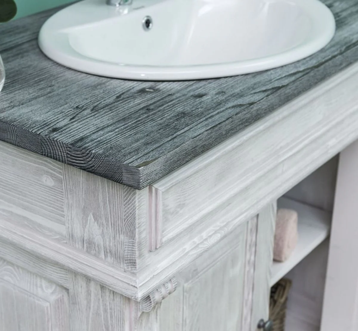 Landhausstil Badezimmer Set Hellgrau / Dunkelgrau - 1 Waschtisch & 1 Wandspiegel - Massivholz Badezimmer Möbel im Landhausstil