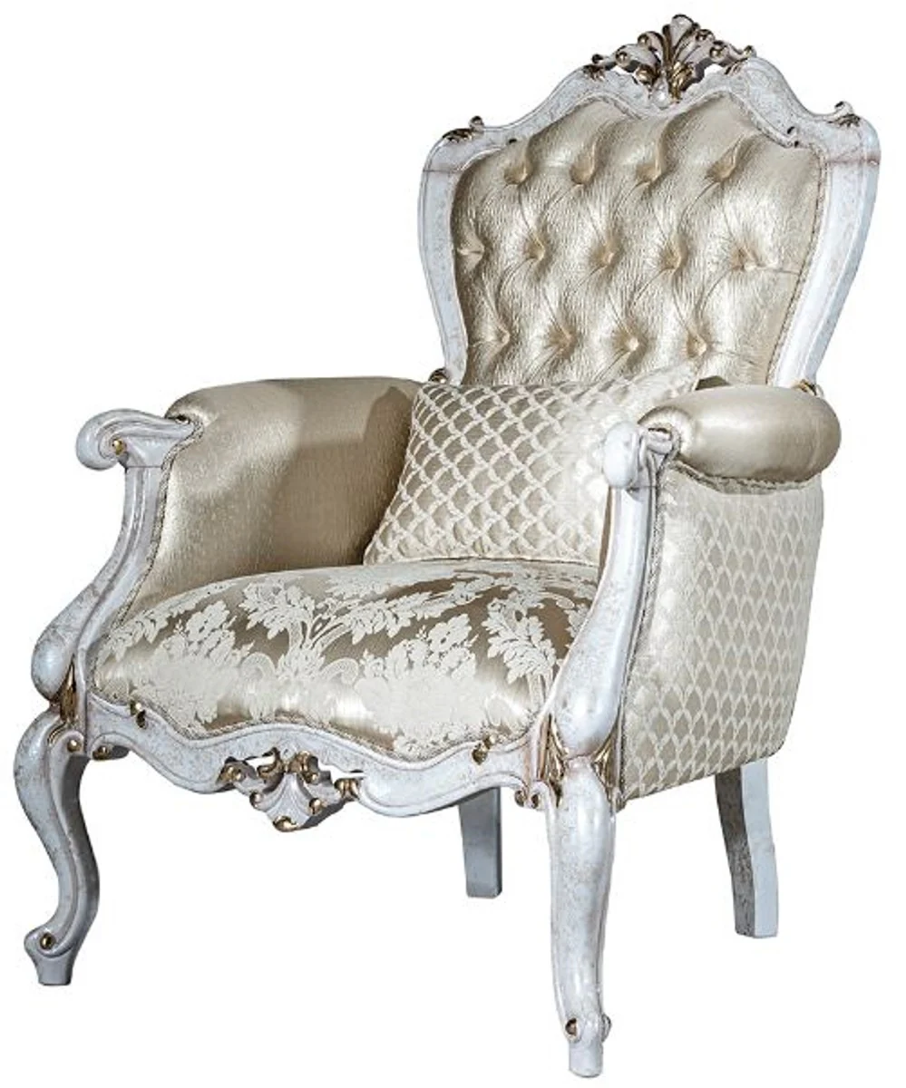 Luxus Barock Wohnzimmer Set Gold Muster / Antik Weiß / Gold - 2 Sofas & 2 Sessel & 1 Couchtisch - Wohnzimmer Möbel im Barockstil - Edel & Prunkvoll