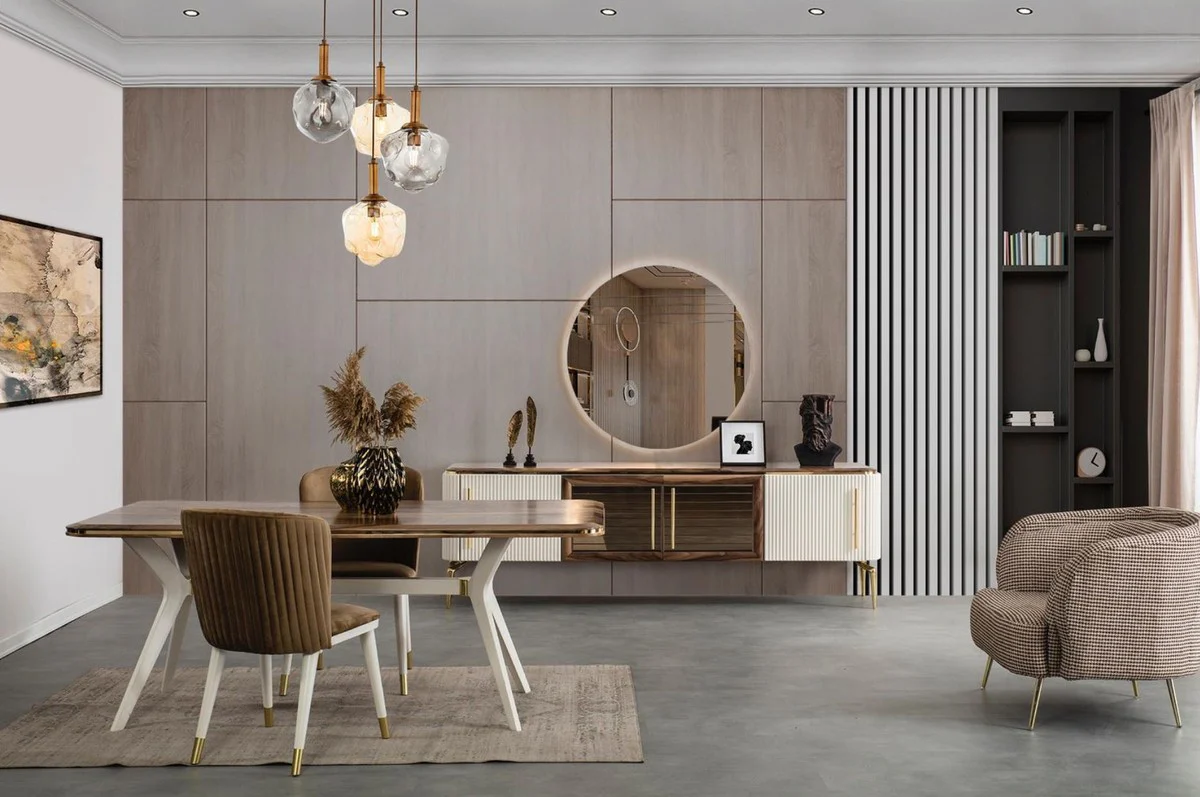 Luxus Art Deco Esszimmer Set Braun / Weiß / Gold - 1 Esszimmertisch & 6 Esszimmerstühle - Art Deco Esszimmer Möbel