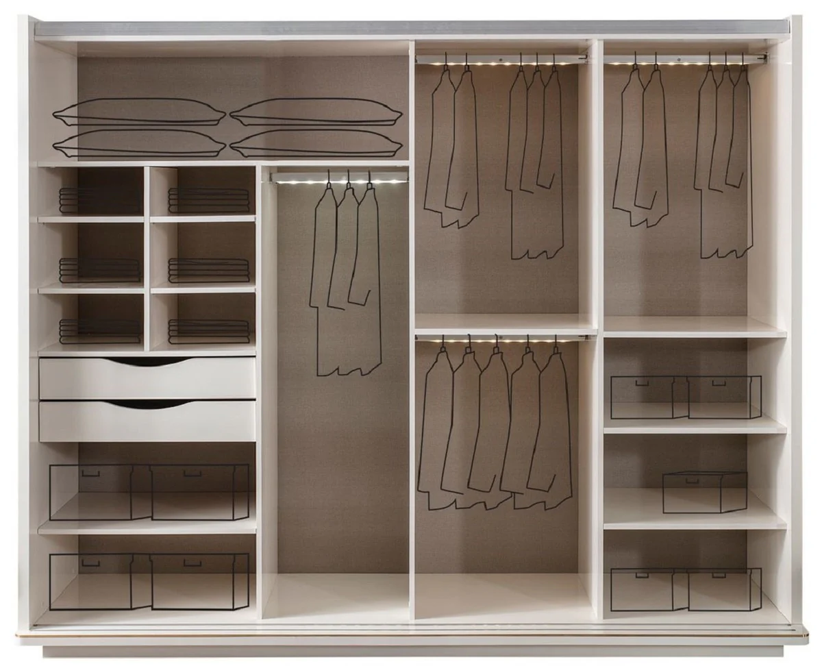 Luxus Schlafzimmerschrank Weiß / Gold 260 x 72 x H. 218 cm - Edler Massivholz Kleiderschrank mit 2 Schiebetüren - Luxus Schlafzimmer Möbel