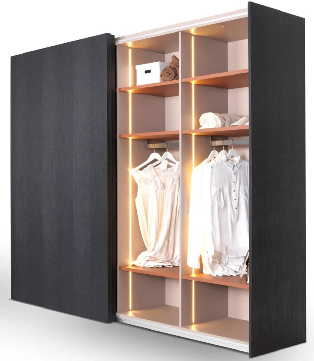 Luxus Schlafzimmerschrank Schwarz 260 x 70 x H. 228 cm - Beleuchteter Massivholz Kleiderschrank mit 2 Schiebetüren - Schlafzimmer Möbel - Hotel Möbel - Luxus Möbel