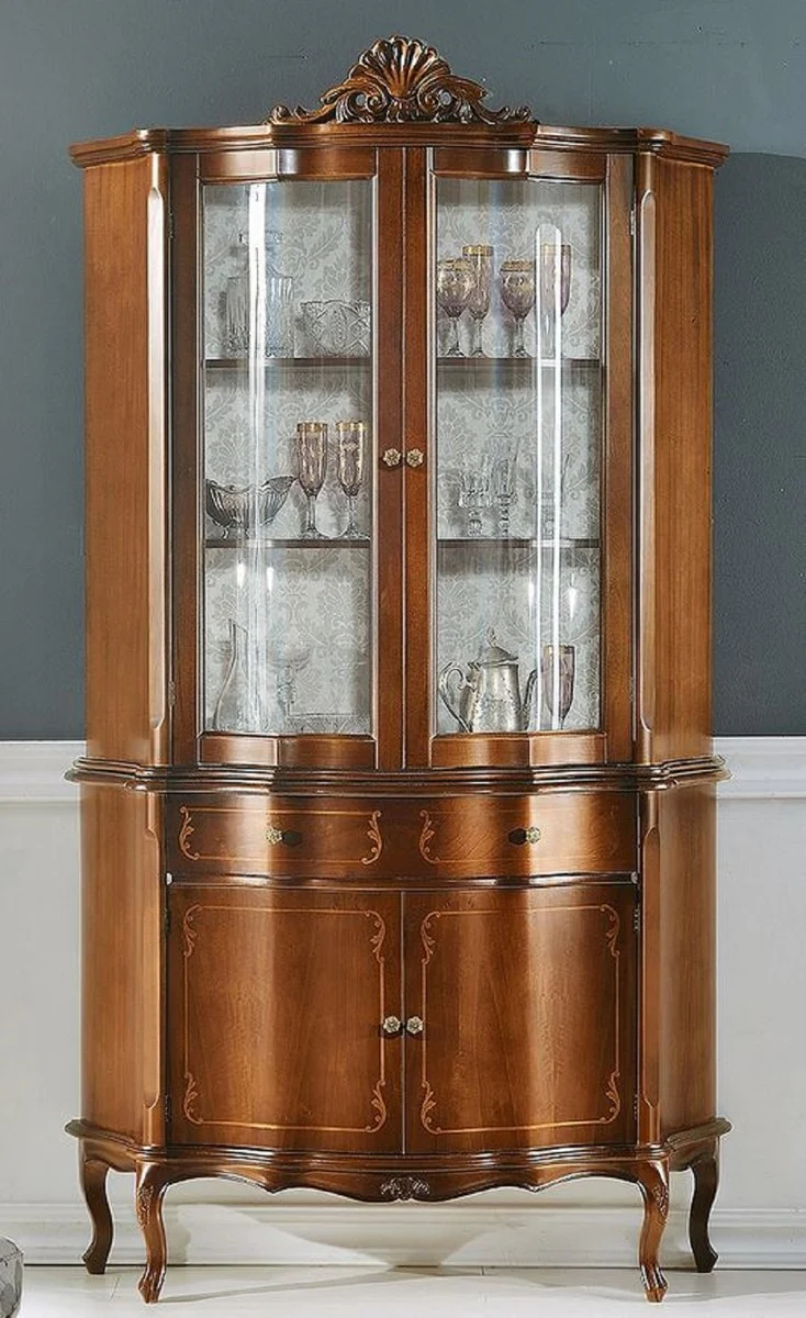 Luxus Barock Vitrine Braun - Prunkvoller Barock Vitrinenschrank mit 4 Türen und Schublade - Barock Möbel - Luxus Qualität - Made in Italy