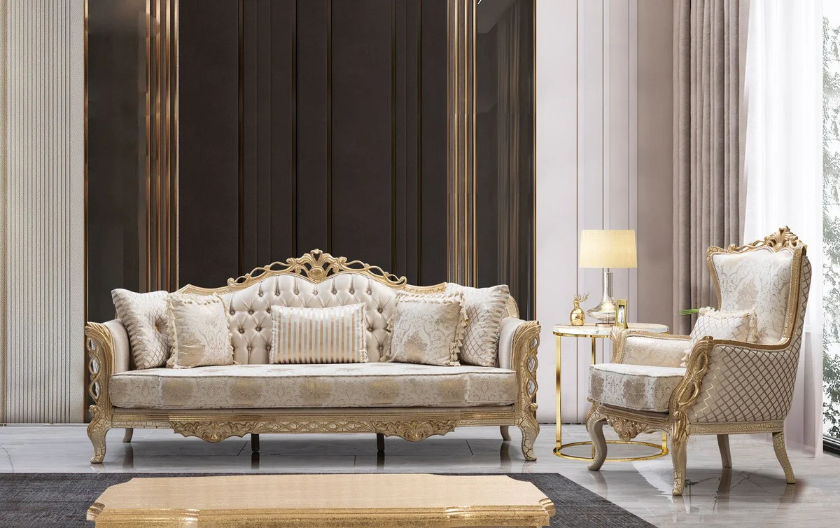 Luxus Barock Couchtisch Antik Gold / Weiß 120 cm - Barockstil Wohnzimmer Möbel