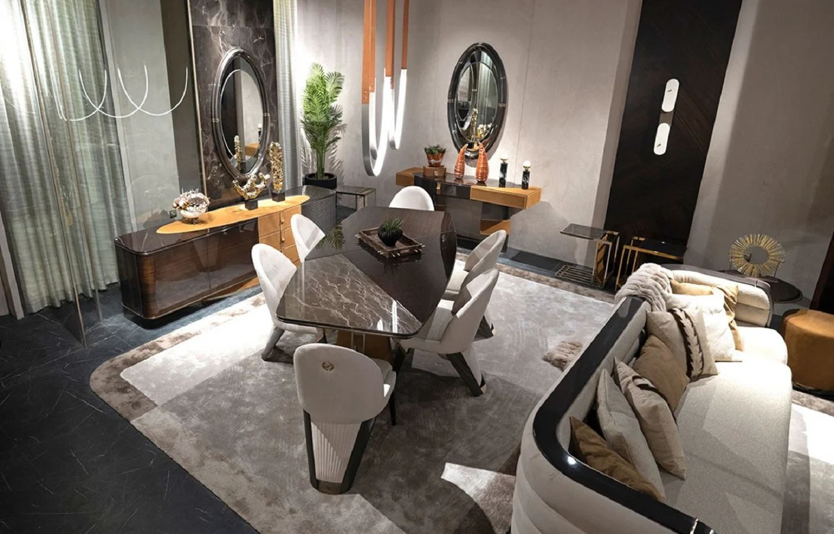 Luxus Esszimmer Set Dunkelbraun / Creme / Grau / Hellbraun / Gold - 1 Luxus Esstisch & 6 Luxus Esszimmerstühle - Esszimmer Möbel - Luxus Möbel - Luxus Einrichtung