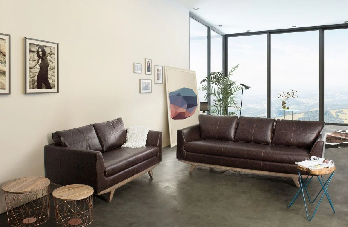 Luxus Kunstleder 2er Sofa Dunkelbraun / Naturfarben 155 x 90 x H. 82 cm - Wohnzimmer Sofa - Wohnzimmer Möbel - Kunstleder Möbel - Luxus Möbel - Luxus Einrichtung