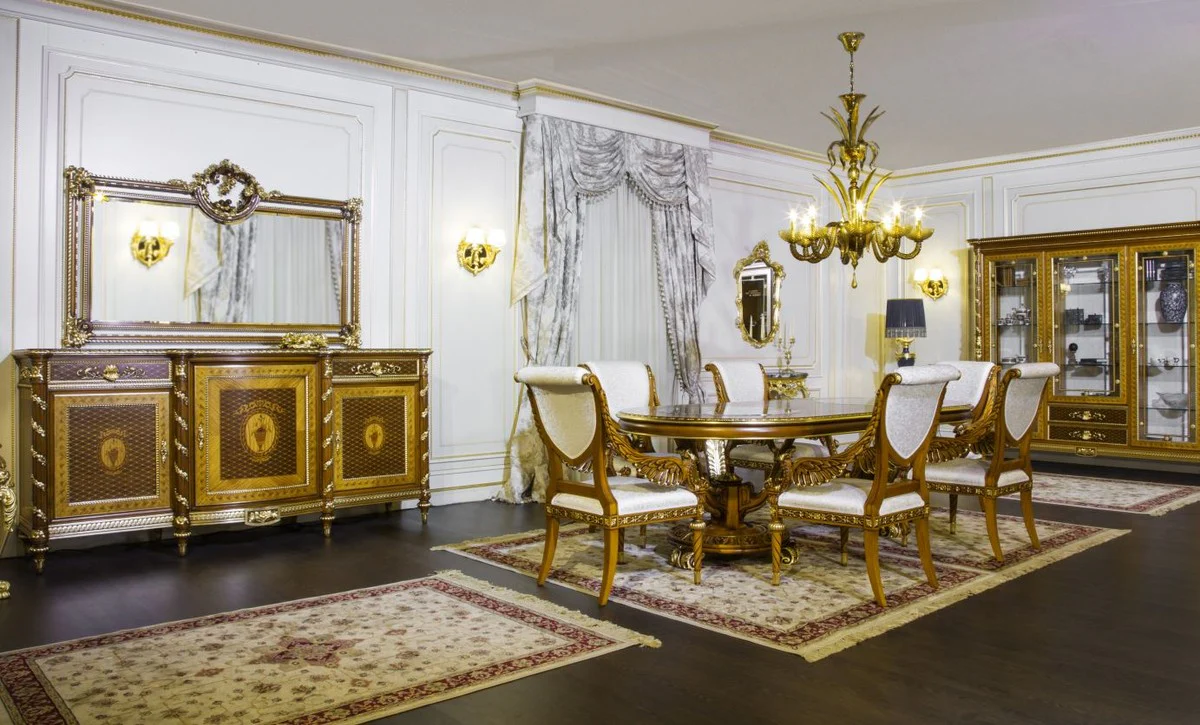 Luxus Barock Esstisch Hellbraun / Braun / Gold - Verschiedene Größen - Prunkvoller Massivholz Esszimmertisch - Hotel Restaurant Schloss Möbel - Luxus Qualität - Made in Italy