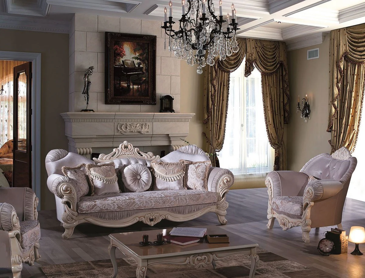 Luxus Barock Wohnzimmer Sofa mit Glitzersteinen und dekorativen Kissen Flieder / Creme / Beige 230 x 85 x H. 110 cm - Edel & Prunkvoll