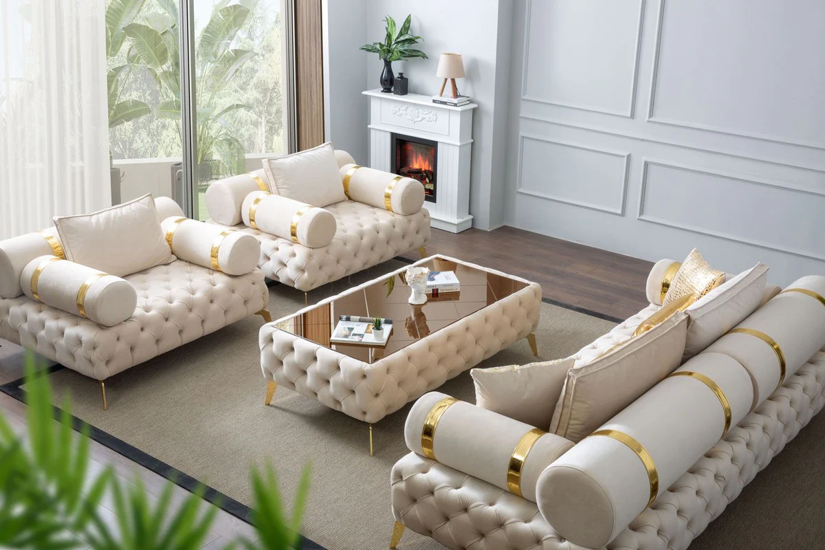 Luxus Chesterfield Couchtisch Creme / Gold / Braun 140 x 80 x H. 45 cm - Wohnzimmertisch mit Glasplatte - Wohnzimmer Möbel - Chesterfield Möbel - Luxus Möbel - Luxus Einrichtung