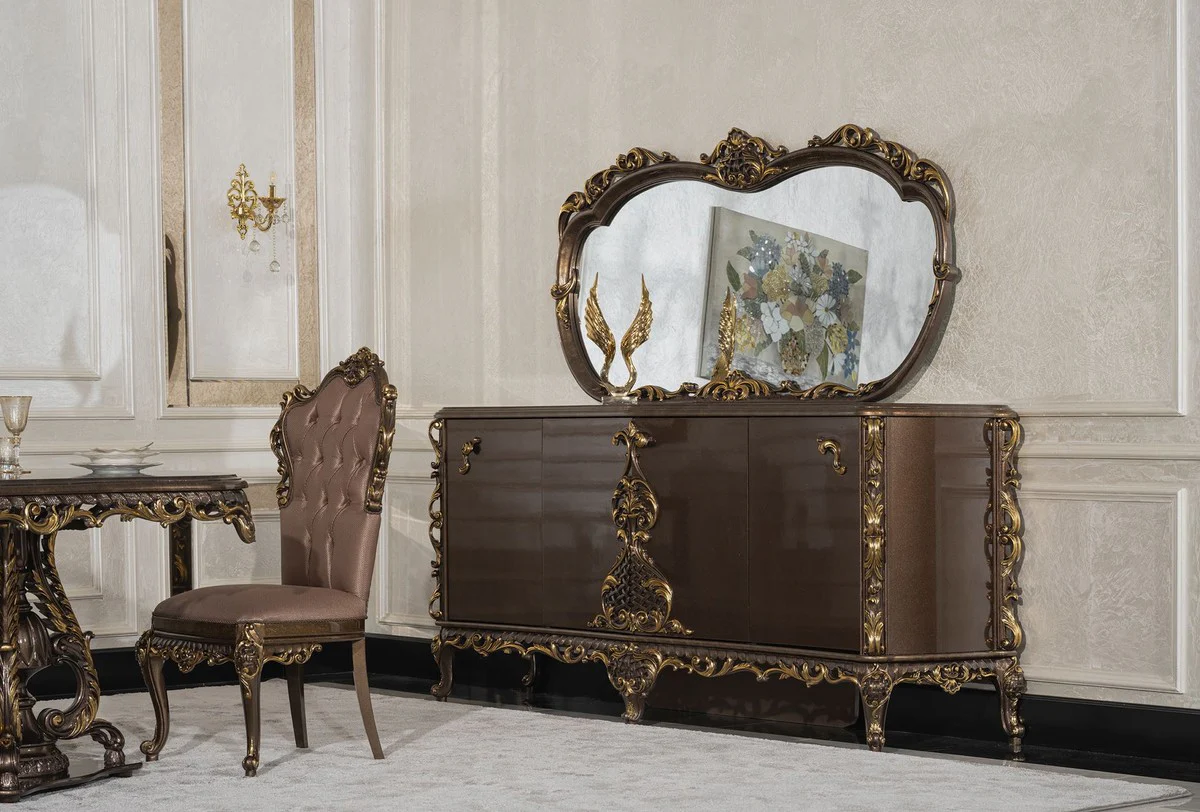 Luxus Barock Esszimmer Stuhl 8er Set Grau / Braun / Gold - Prunkvolle Barockstil Küchen Stühle - Luxus Esszimmer Möbel im Barockstil - Barock Esszimmer Möbel - Barockstil Möbel