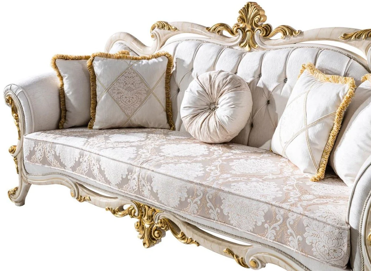 Luxus Barock Sofa Weiß / Braun / Weiß / Beige / Gold - Prunkvolles Wohnzimmer Sofa mit Glitzersteinen - Barockstil Wohnzimmer Möbel - Luxus Möbel im Barockstil - Barock Einrichtung