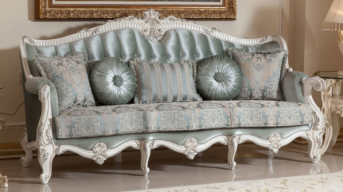 Luxus Barock Wohnzimmer Möbel Set Grün / Weiß / Silber